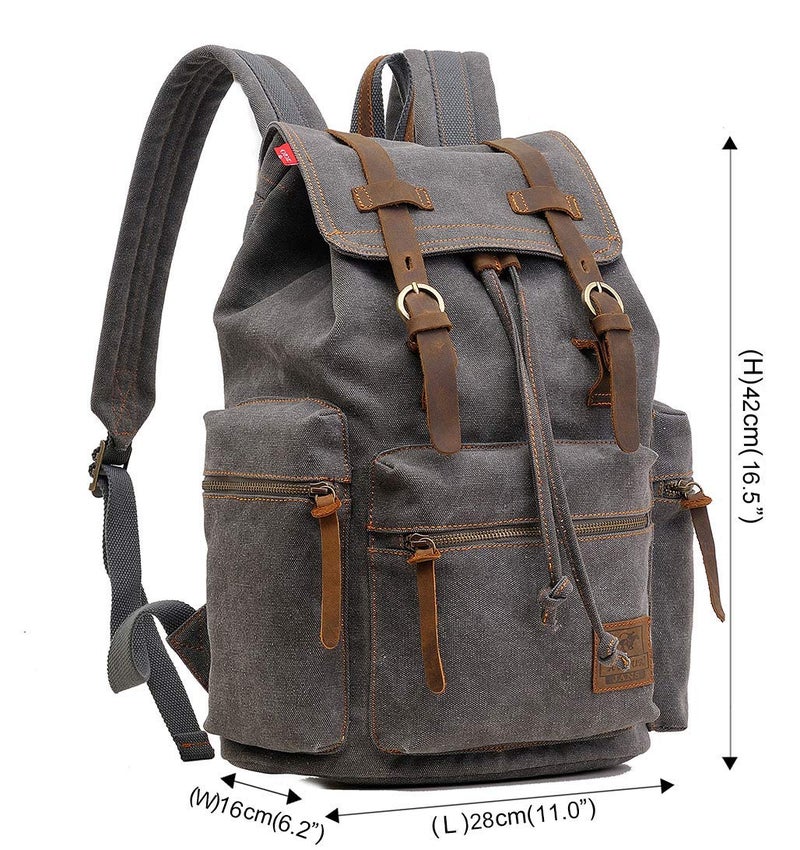 AUGUR High Capacity Canvas Vintage Backpack - for Camping Hiking Travel 12-15" Laptop Rucksack School Backpack (M-Gray) - Image 2